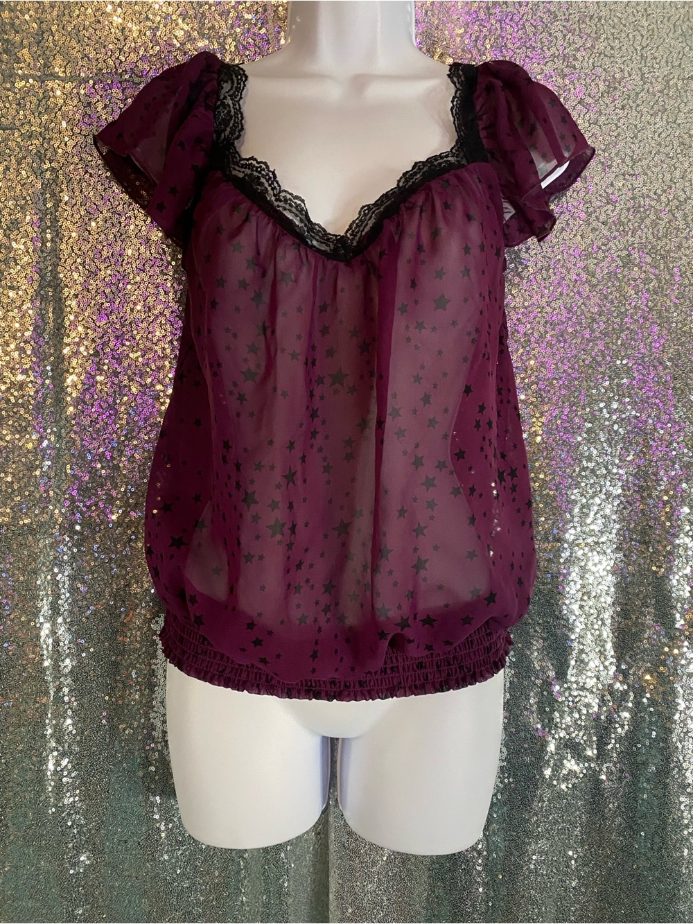 ✨🌙 Y2K No Boundaries Star Mesh Blouse | Cosmic Goth Fairy Top